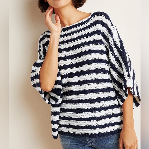 Anthropologie Tops - By Anthropologie Evie Poncho Sweater Short Sleeve Striped Navy White XS/S